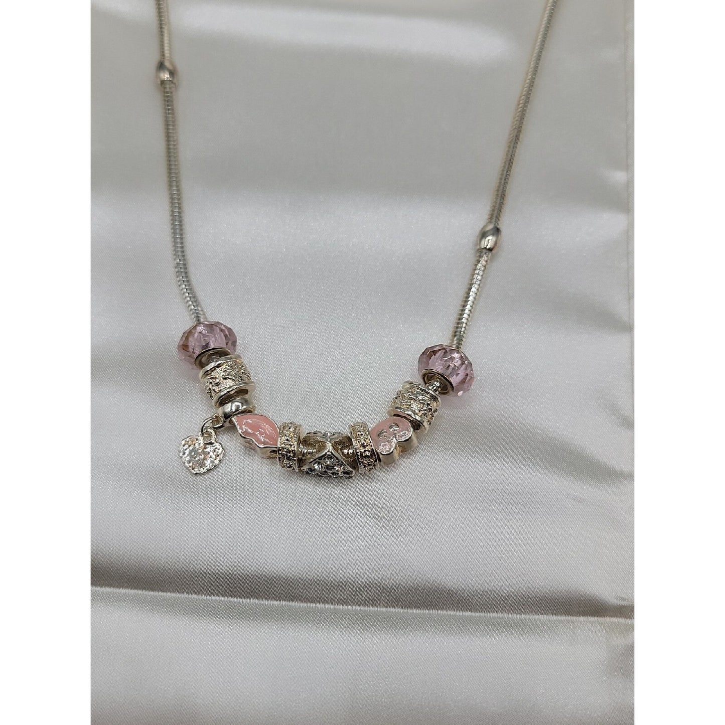 Friedmans Jewelers Breast Cancer Slide Necklace Silver Tone Charm Bead 18" Chain