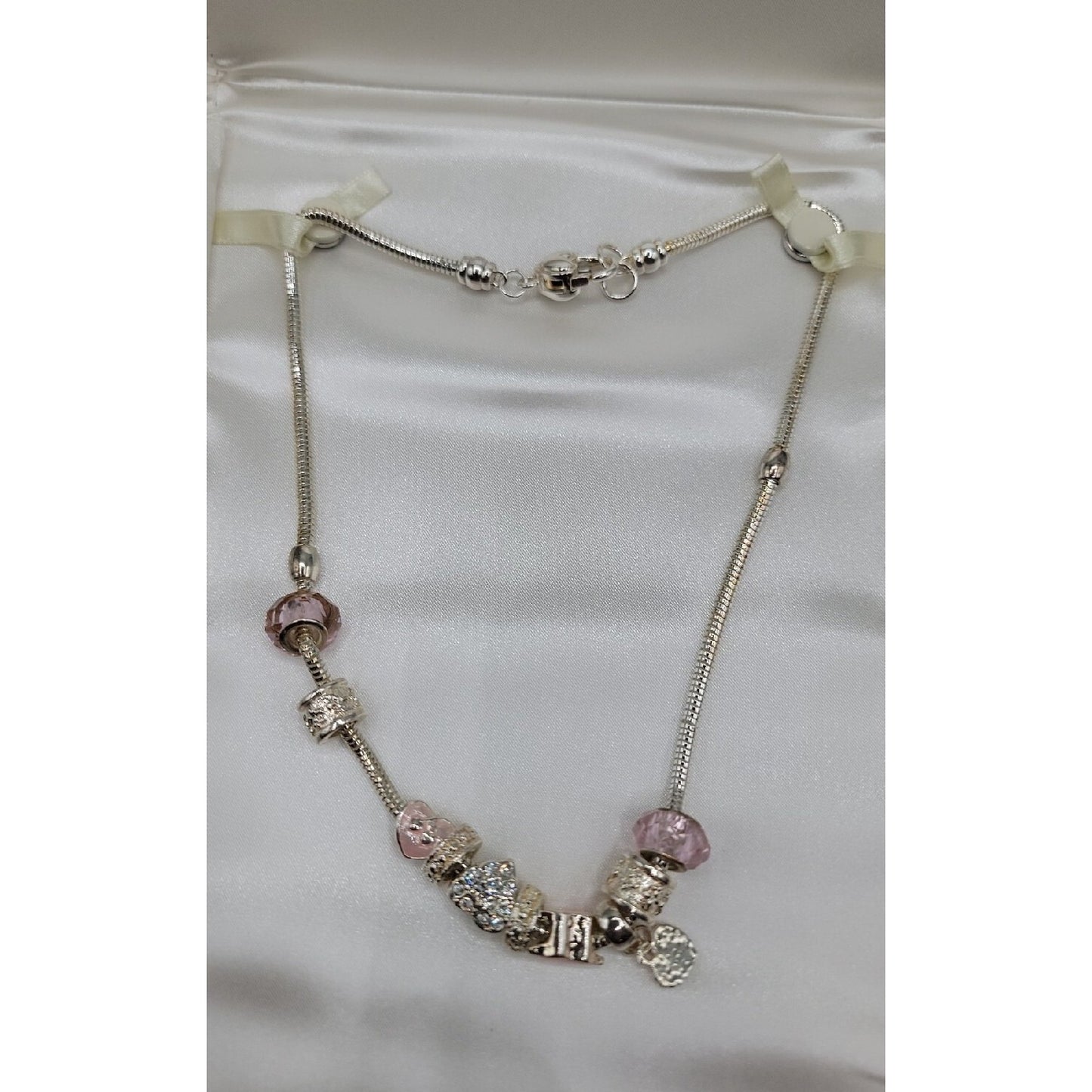 Friedmans Jewelers Breast Cancer Slide Necklace Silver Tone Charm Bead 18" Chain
