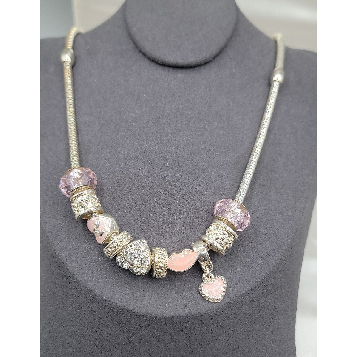 Friedmans Jewelers Breast Cancer Slide Necklace Silver Tone Charm Bead 18" Chain
