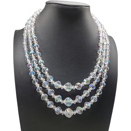 Multistrand Aurora Borealis Choker Necklace Glass Graduated 16" Beaded Chain