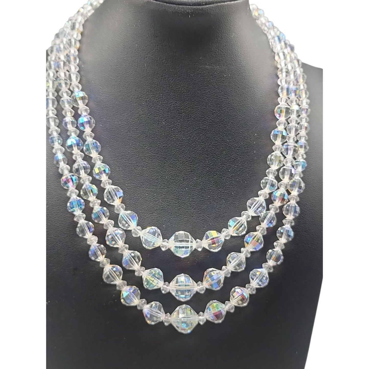 Multistrand Aurora Borealis Choker Necklace Glass Graduated 16" Beaded Chain