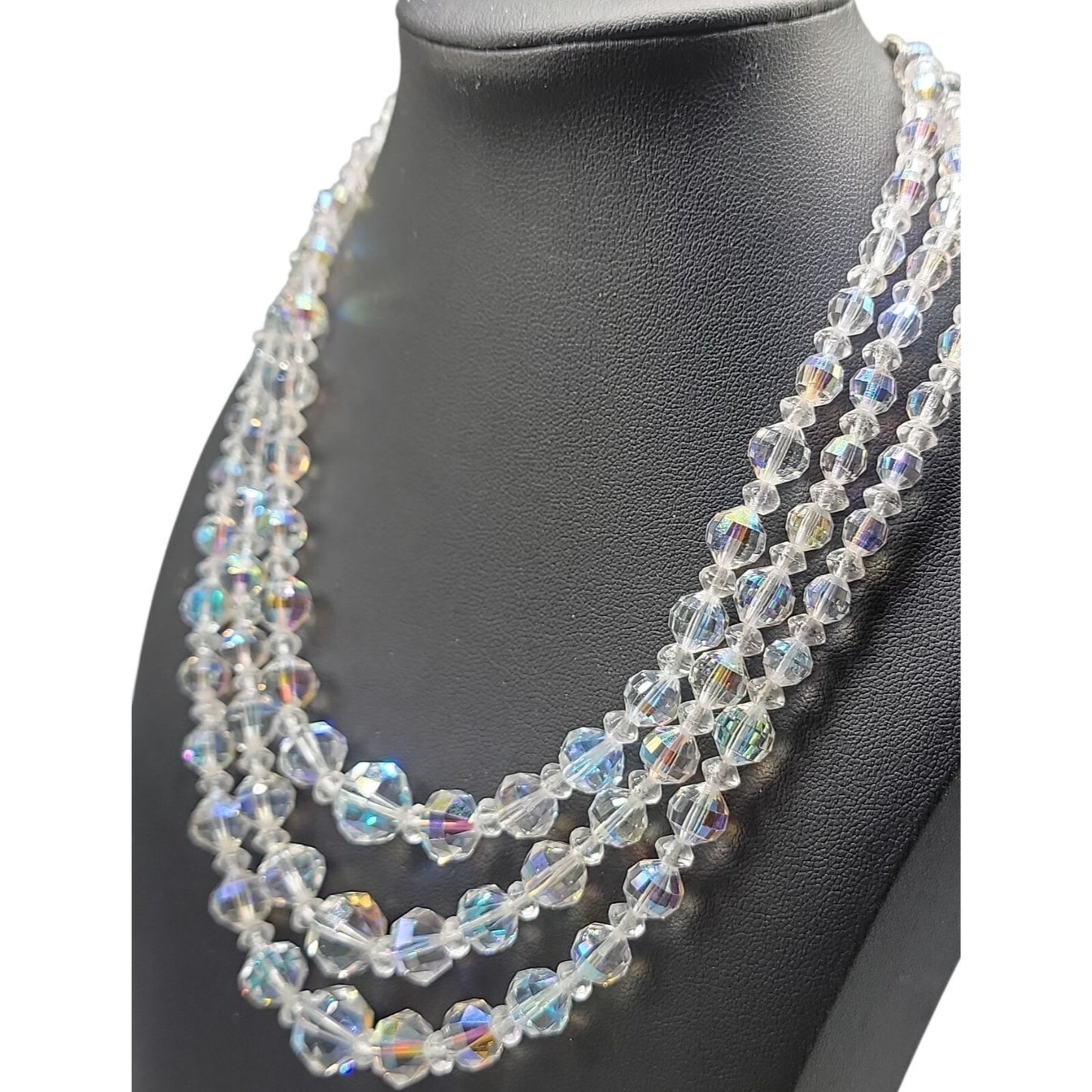 Multistrand Aurora Borealis Choker Necklace Glass Graduated 16" Beaded Chain