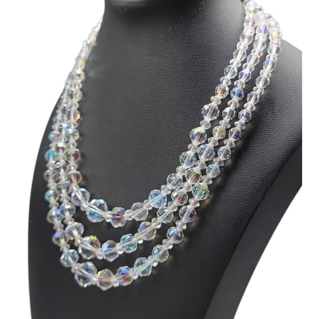 Multistrand Aurora Borealis Choker Necklace Glass Graduated 16" Beaded Chain