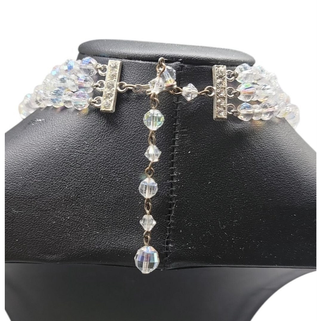 Multistrand Aurora Borealis Choker Necklace Glass Graduated 16" Beaded Chain