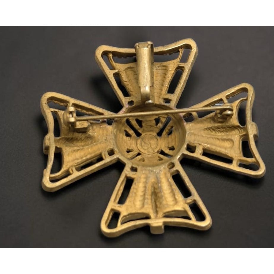 Vintage St. John Style Gold Tone Maltese Cross Brooch Pendant Statement Pin
