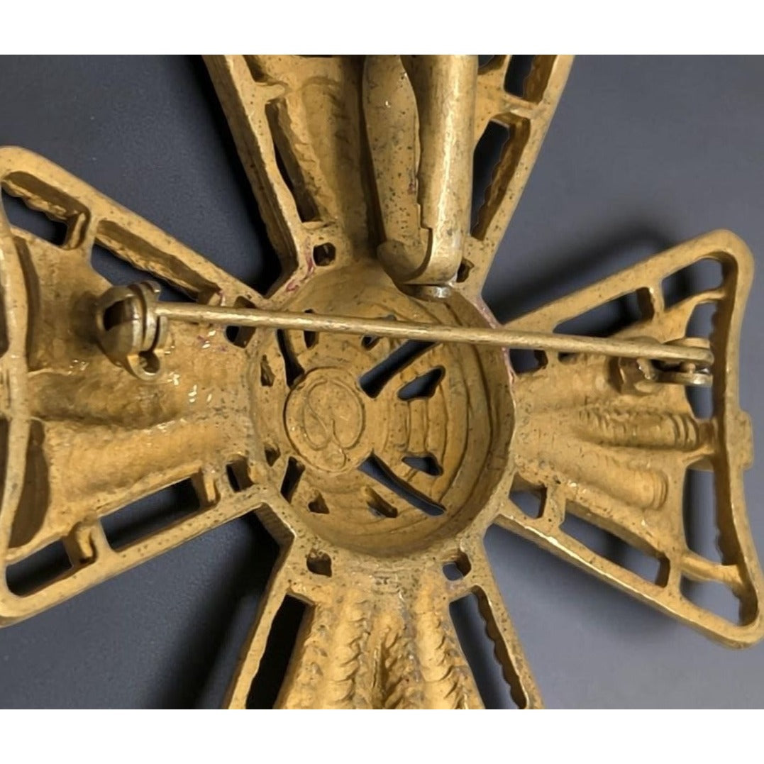 Vintage St. John Style Gold Tone Maltese Cross Brooch Pendant Statement Pin