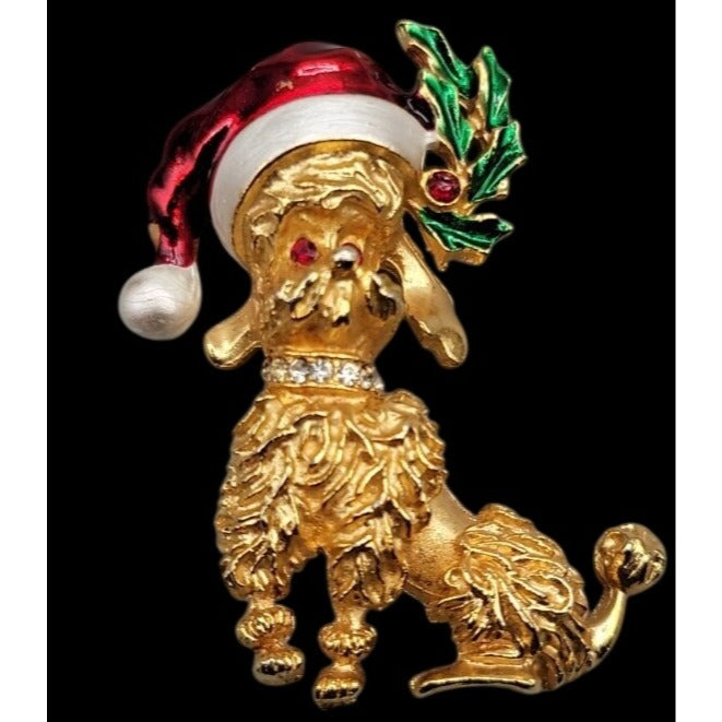 Santa Hat Poodle Brooch Pin Gold Tone Vintage Christmas Jewelry