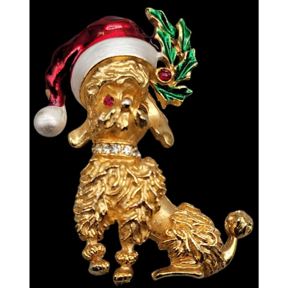 Santa Hat Poodle Brooch Pin Gold Tone Vintage Christmas Jewelry