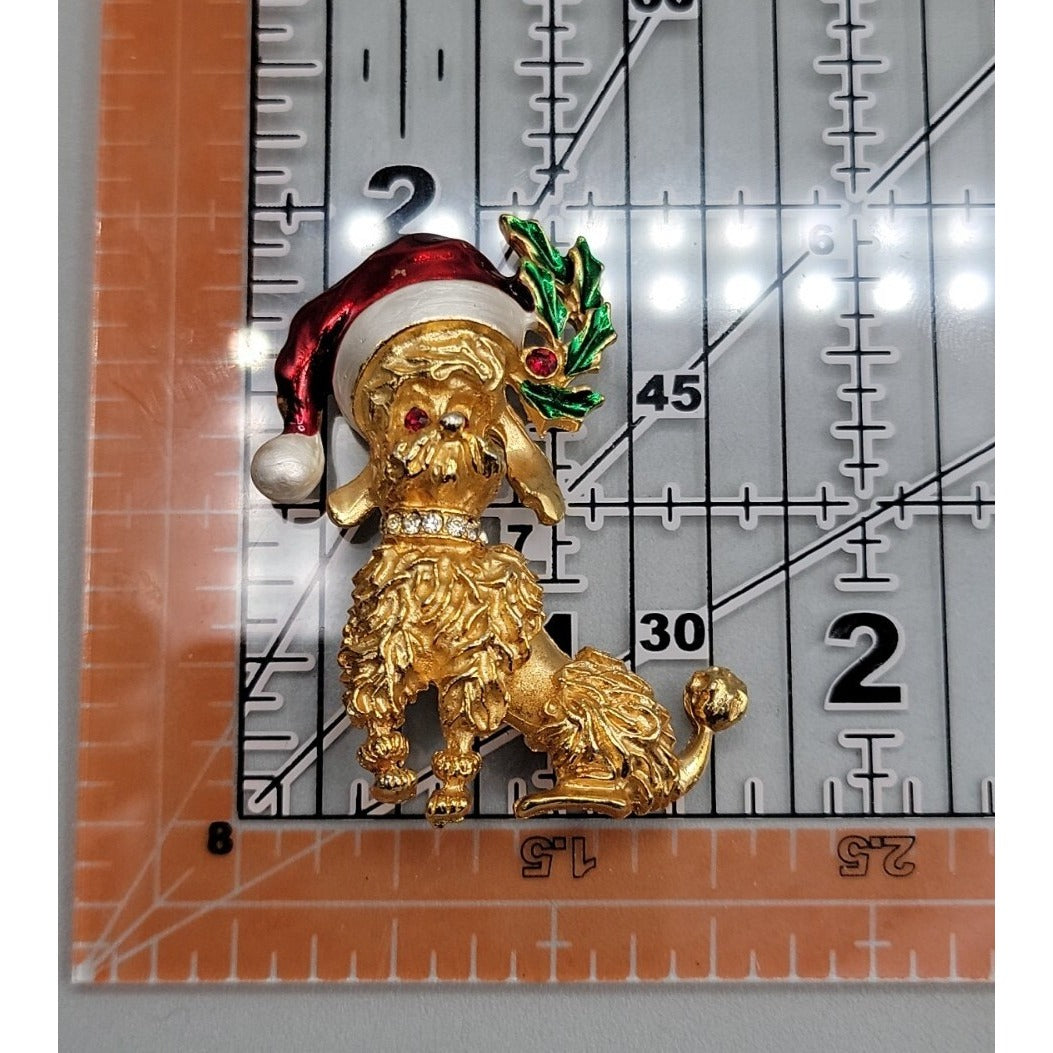 Santa Hat Poodle Brooch Pin Gold Tone Vintage Christmas Jewelry