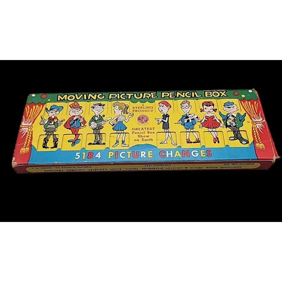Sterling Moving Picture Pencil Box Lithographed Circus Illustration 1951 Vintage