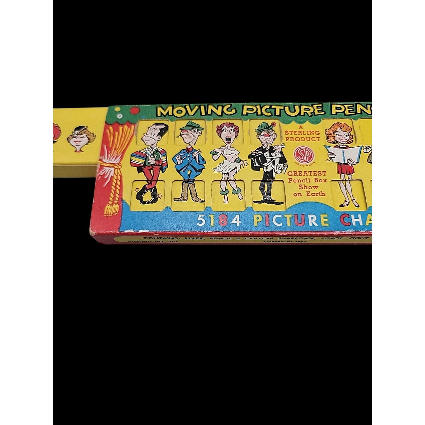 Sterling Moving Picture Pencil Box Lithographed Circus Illustration 1951 Vintage