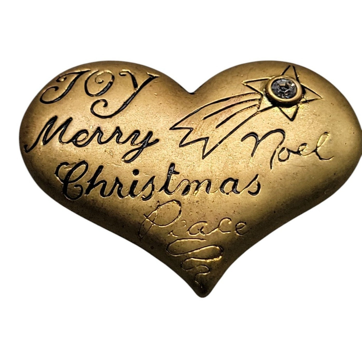 Danecraft Christmas Brooch Gilt Sterling Heart Rhinestone Accent Holiday Pin VTG