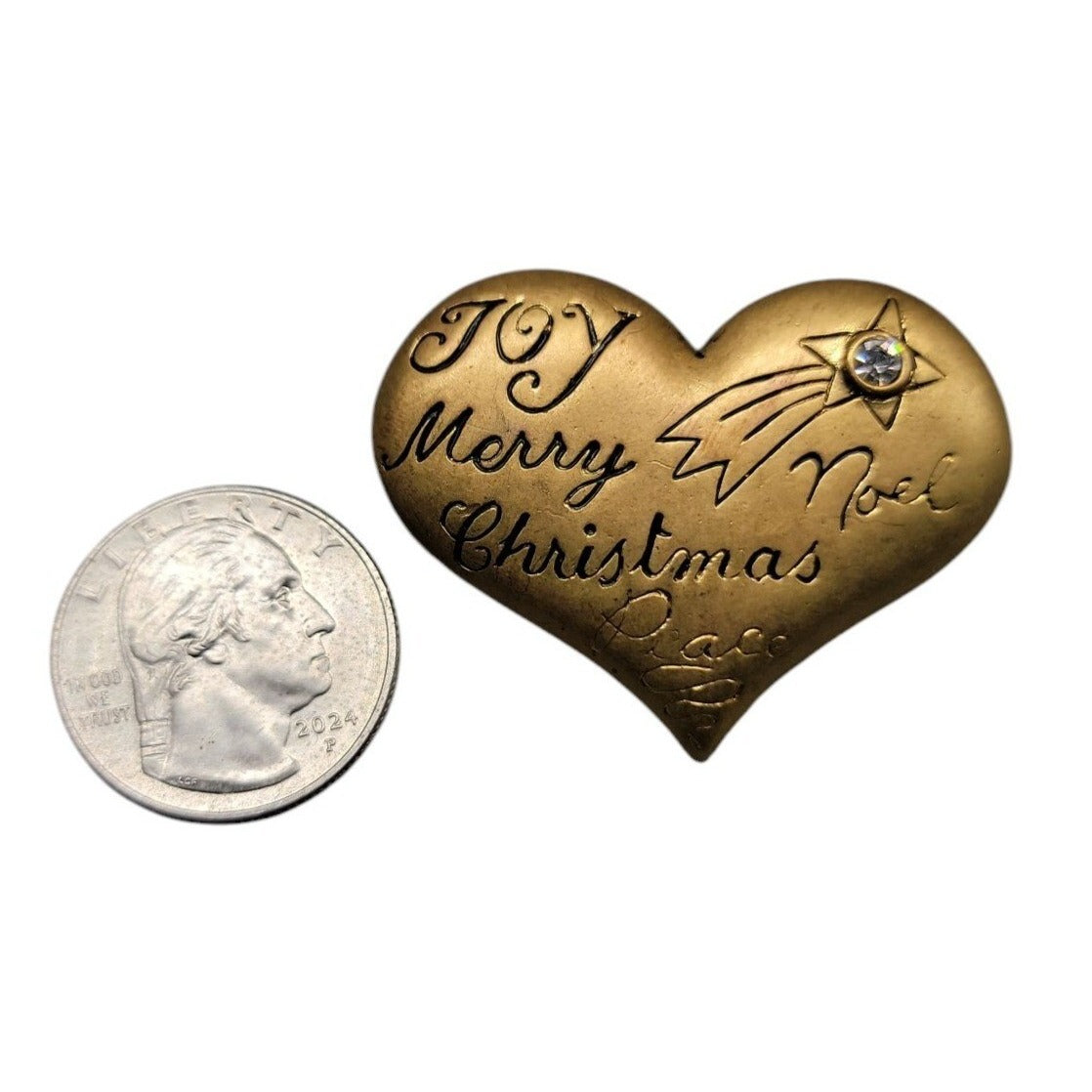Danecraft Christmas Brooch Gilt Sterling Heart Rhinestone Accent Holiday Pin VTG