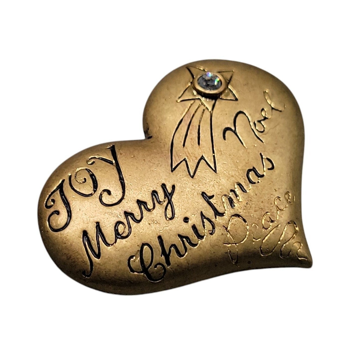 Danecraft Christmas Brooch Gilt Sterling Heart Rhinestone Accent Holiday Pin VTG