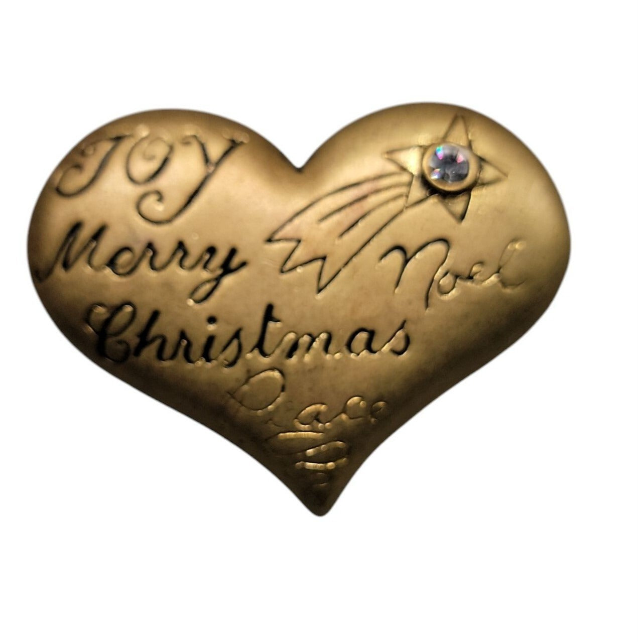 Danecraft Christmas Brooch Gilt Sterling Heart Rhinestone Accent Holiday Pin VTG