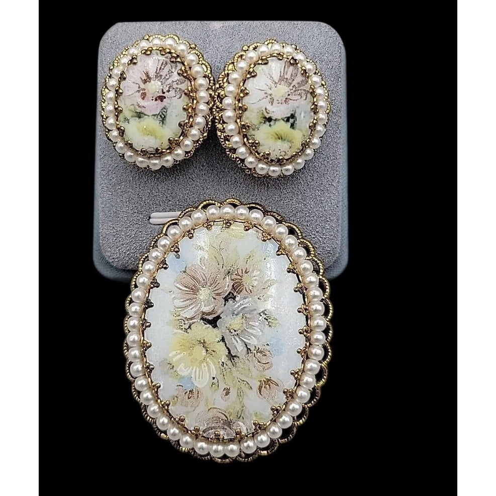 Vintage W. Germany Hand Painted Floral & Faux Pearl Brooch & Clip-on Earrings