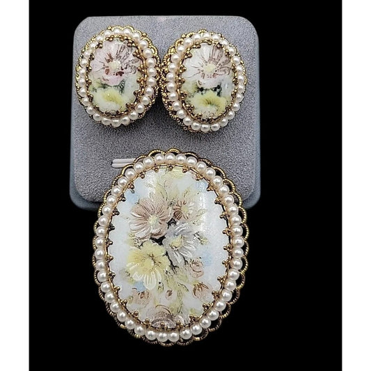 Vintage W. Germany Hand Painted Floral & Faux Pearl Brooch & Clip-on Earrings
