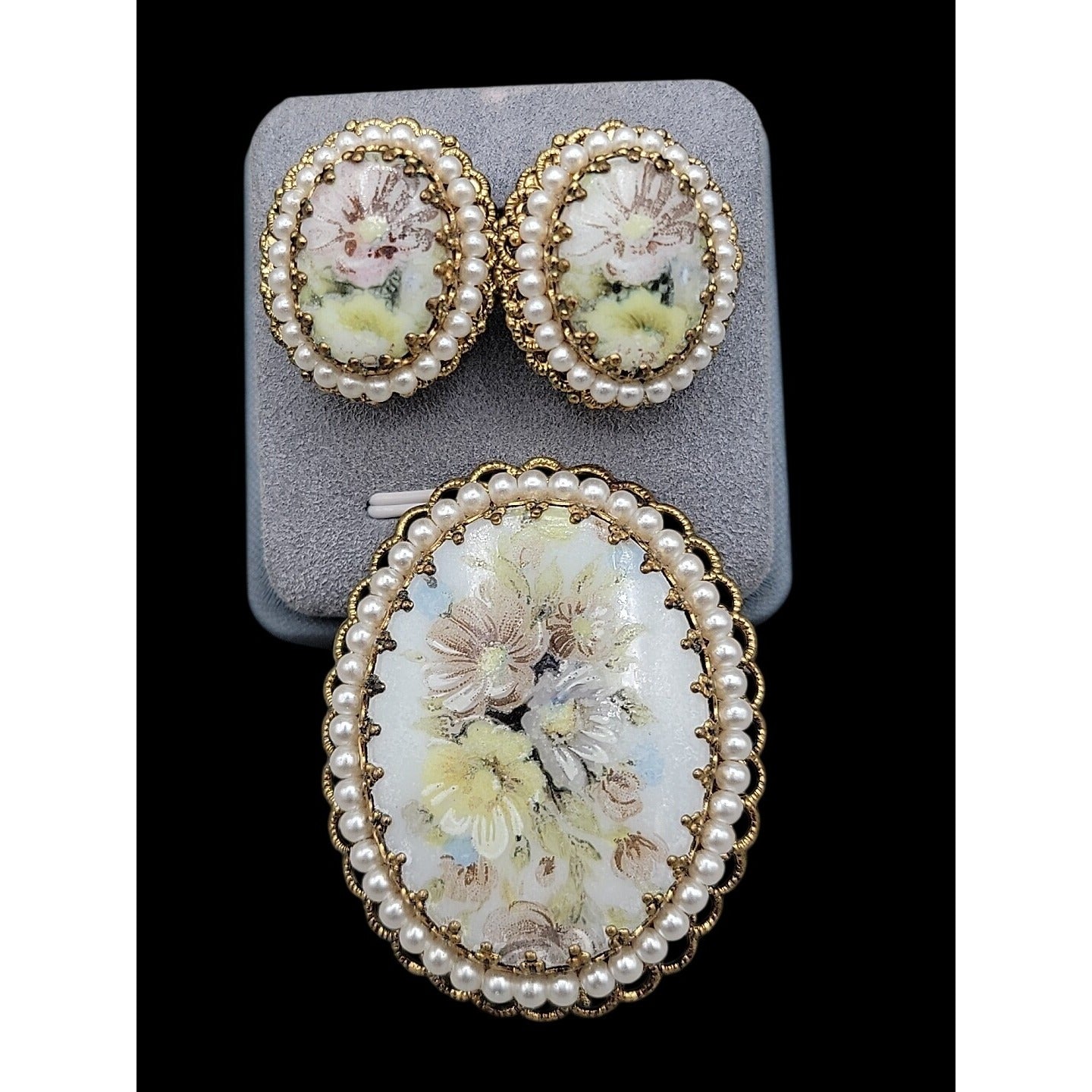 Vintage W. Germany Hand Painted Floral & Faux Pearl Brooch & Clip-on Earrings