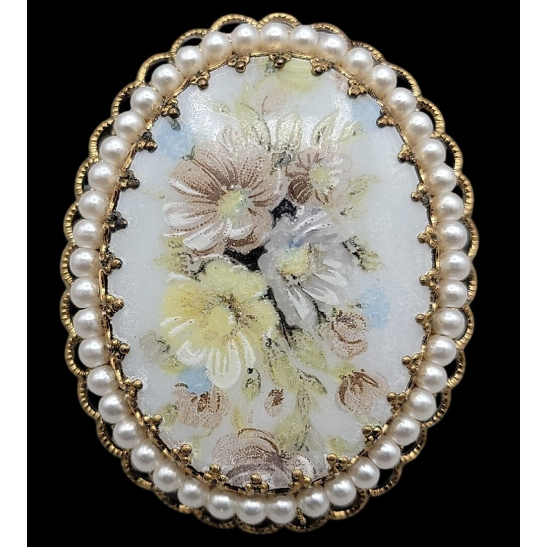 Vintage W. Germany Hand Painted Floral & Faux Pearl Brooch & Clip-on Earrings