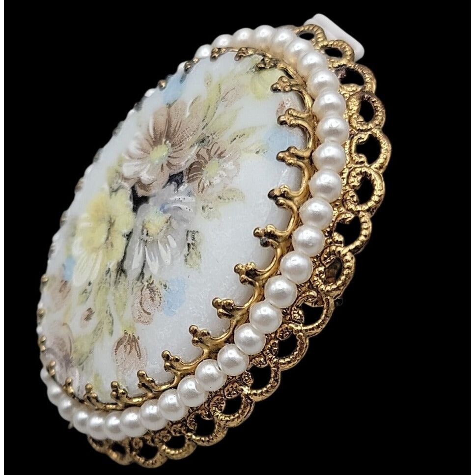 Vintage W. Germany Hand Painted Floral & Faux Pearl Brooch & Clip-on Earrings