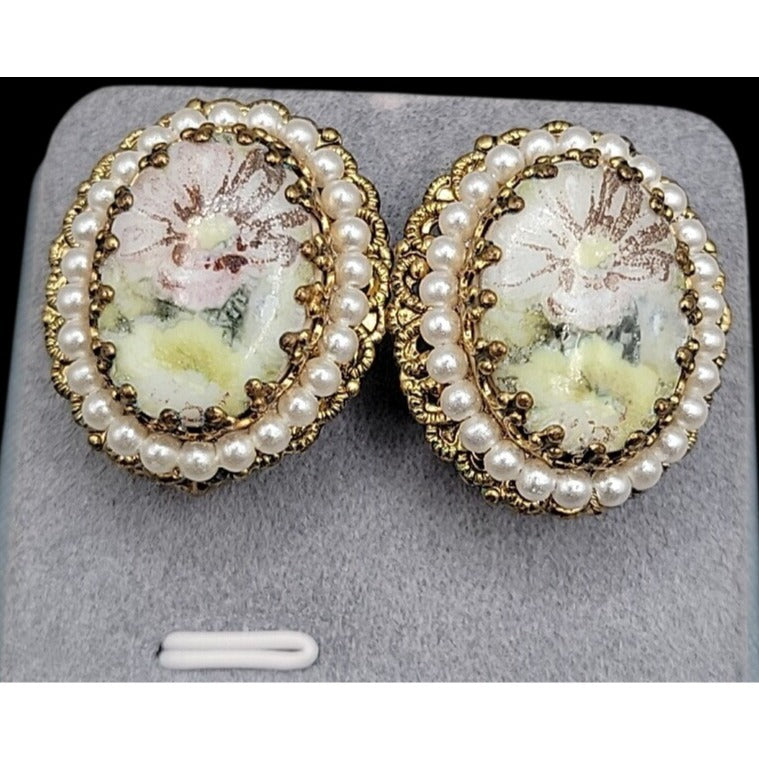 Vintage W. Germany Hand Painted Floral & Faux Pearl Brooch & Clip-on Earrings