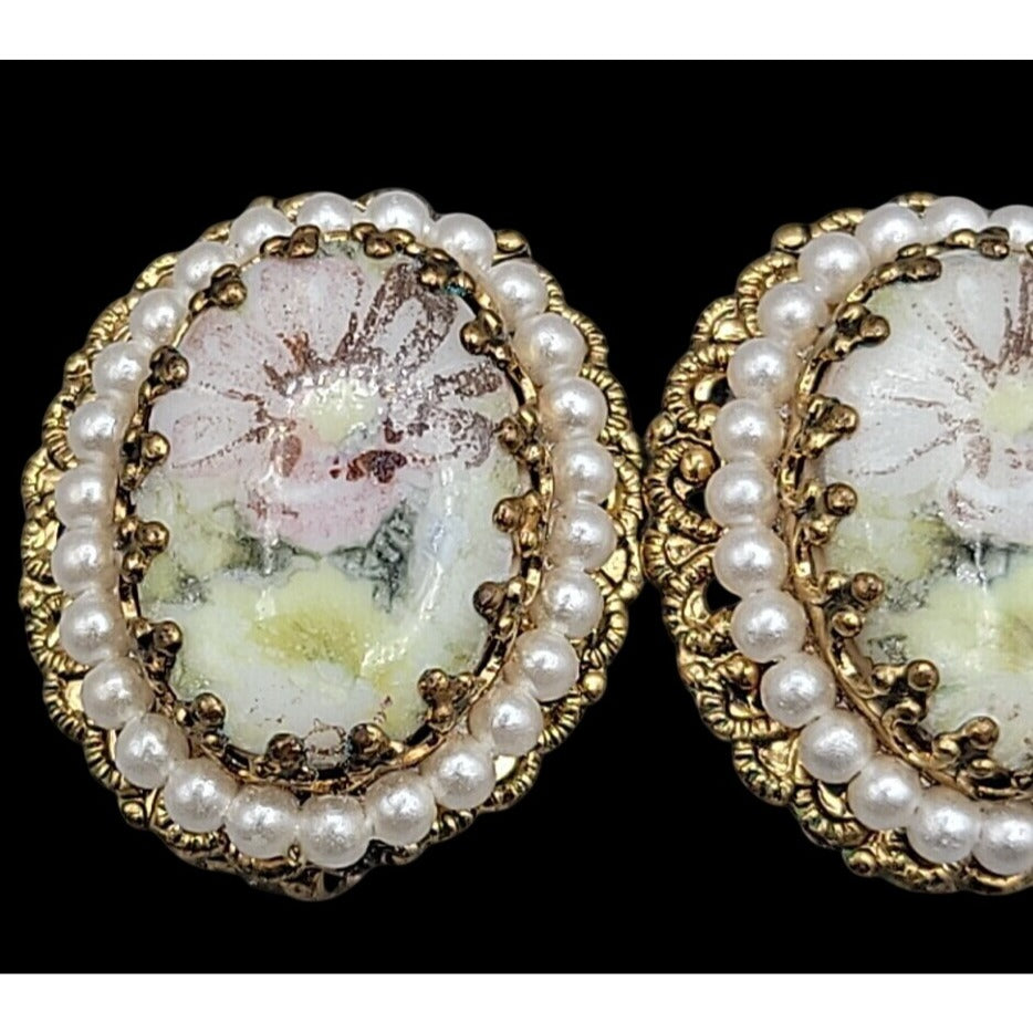 Vintage W. Germany Hand Painted Floral & Faux Pearl Brooch & Clip-on Earrings