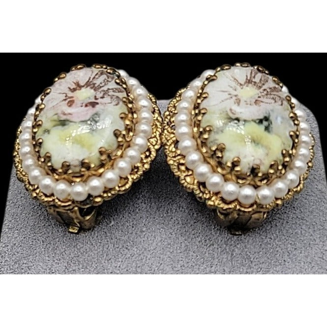 Vintage W. Germany Hand Painted Floral & Faux Pearl Brooch & Clip-on Earrings