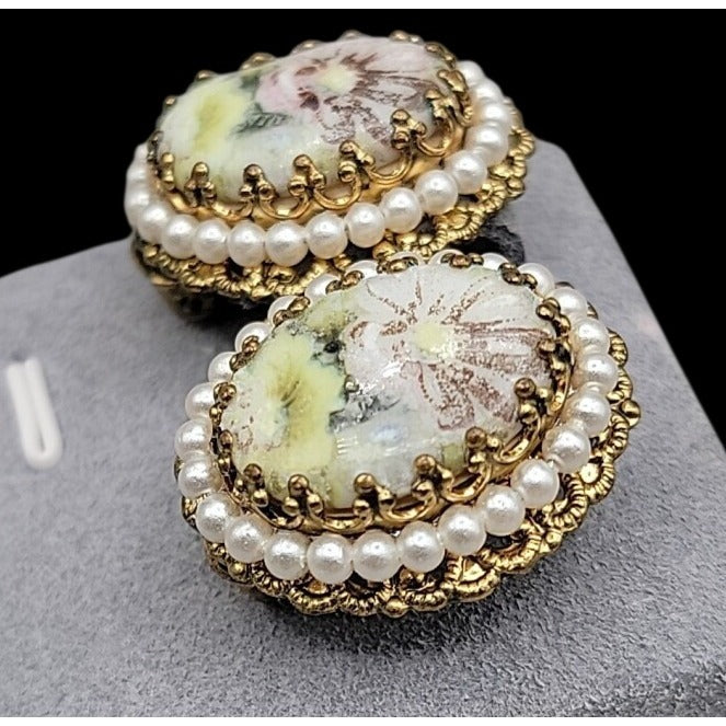 Vintage W. Germany Hand Painted Floral & Faux Pearl Brooch & Clip-on Earrings