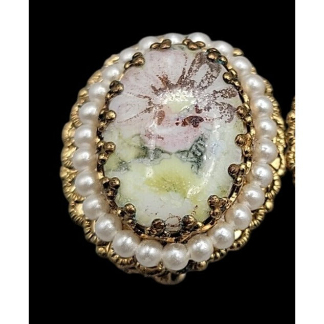 Vintage W. Germany Hand Painted Floral & Faux Pearl Brooch & Clip-on Earrings
