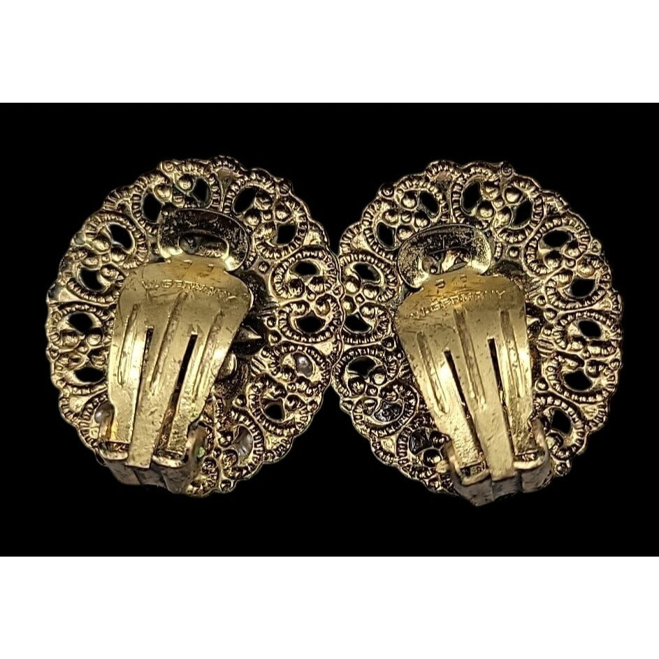 Vintage W. Germany Hand Painted Floral & Faux Pearl Brooch & Clip-on Earrings