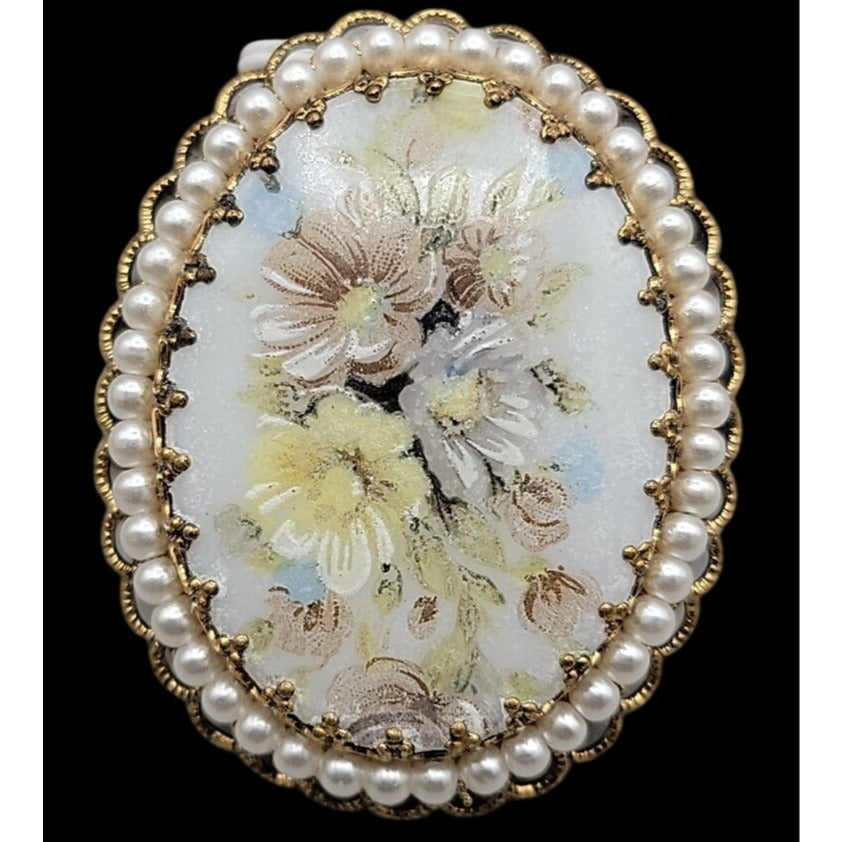 Vintage W. Germany Hand Painted Floral & Faux Pearl Brooch & Clip-on Earrings