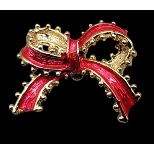 Vintage Tanser II Holiday Bow Brooch Red Enamel Gold Tone Ruffled Ribbon