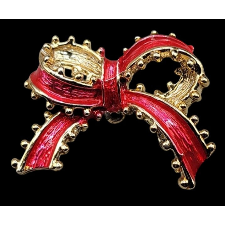 Vintage Tanser II Holiday Bow Brooch Red Enamel Gold Tone Ruffled Ribbon