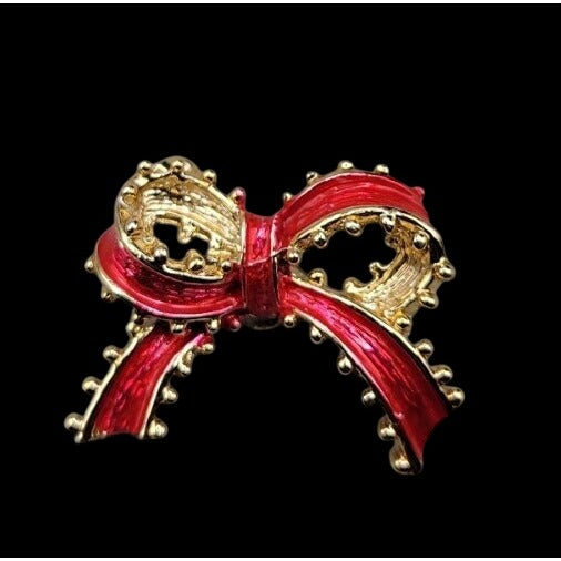 Vintage Tanser II Holiday Bow Brooch Red Enamel Gold Tone Ruffled Ribbon