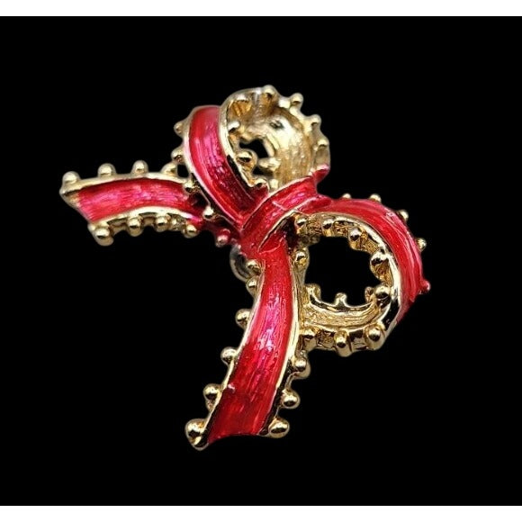 Vintage Tanser II Holiday Bow Brooch Red Enamel Gold Tone Ruffled Ribbon