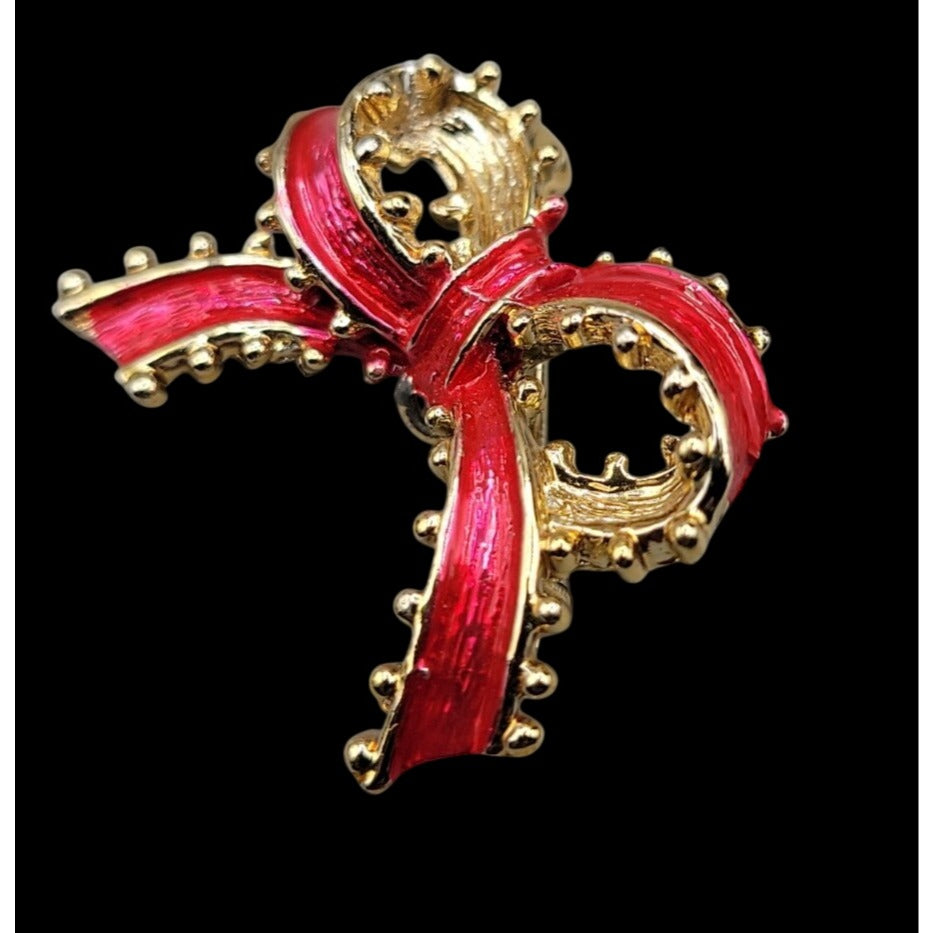 Vintage Tanser II Holiday Bow Brooch Red Enamel Gold Tone Ruffled Ribbon