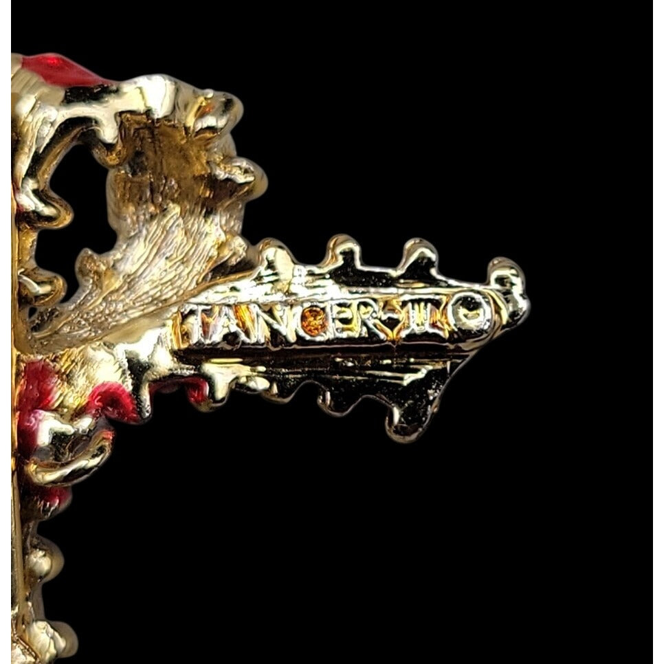 Vintage Tanser II Holiday Bow Brooch Red Enamel Gold Tone Ruffled Ribbon