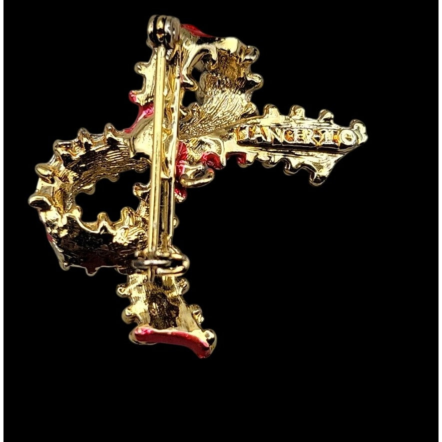 Vintage Tanser II Holiday Bow Brooch Red Enamel Gold Tone Ruffled Ribbon