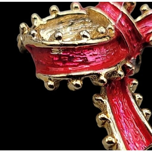 Vintage Tanser II Holiday Bow Brooch Red Enamel Gold Tone Ruffled Ribbon