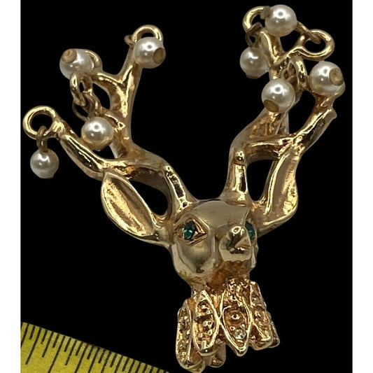 KJL Christmas Brooch Reindeer Dangling Pears Crystal Eyes Kenneth Jay Lane VTG