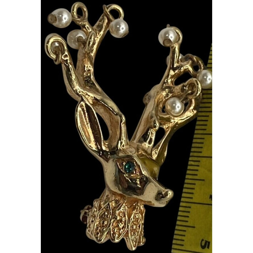 KJL Christmas Brooch Reindeer Dangling Pears Crystal Eyes Kenneth Jay Lane VTG