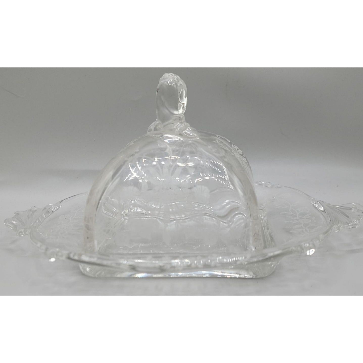 Heisey Orchid Square Covered Butter Dish Etch Patter 507 7.75"W 4"H 1940s Vtg