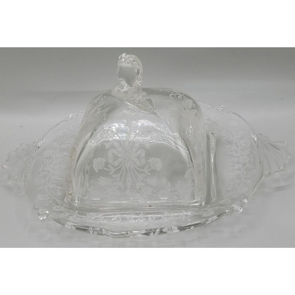 Heisey Orchid Square Covered Butter Dish Etch Patter 507 7.75"W 4"H 1940s Vtg