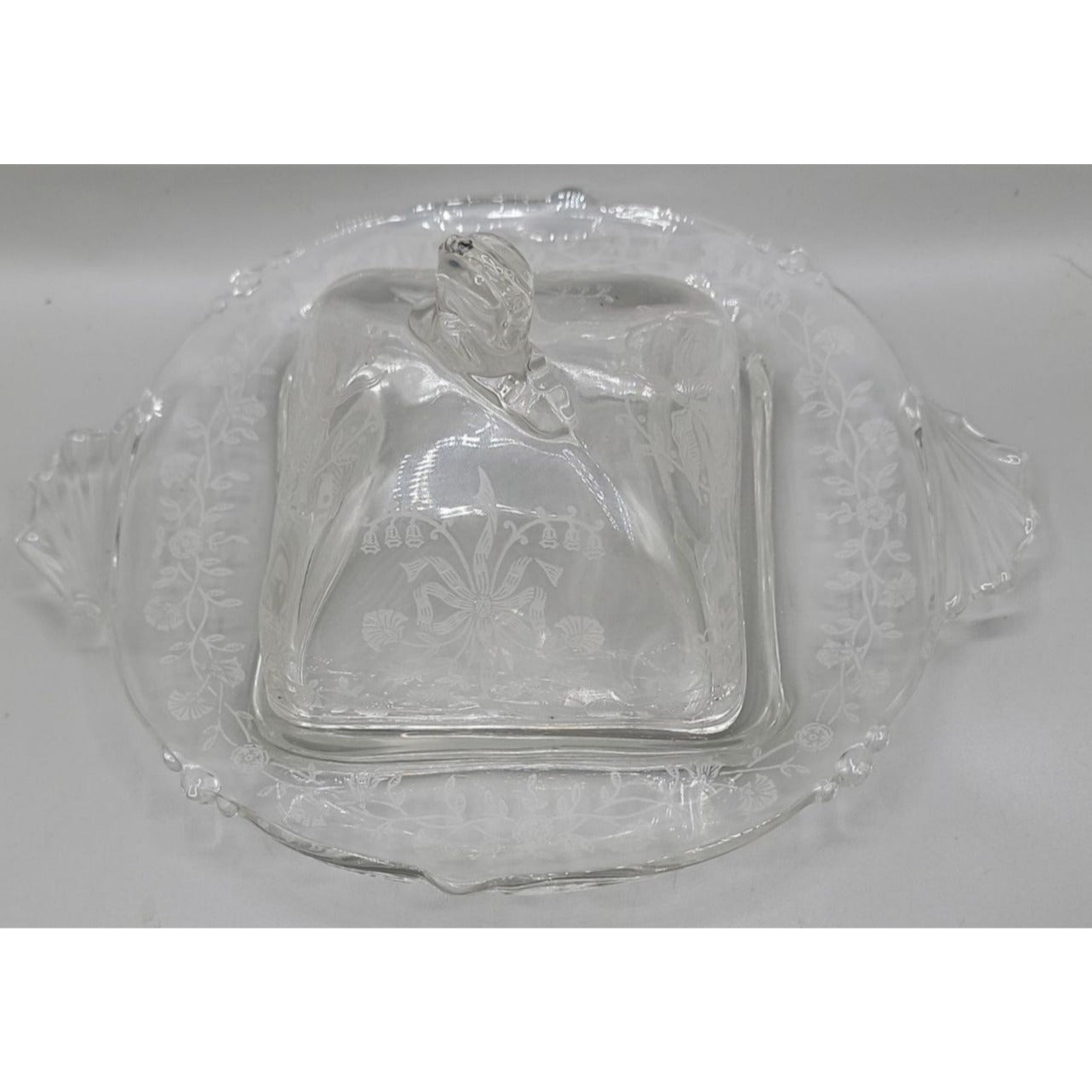 Heisey Orchid Square Covered Butter Dish Etch Patter 507 7.75"W 4"H 1940s Vtg