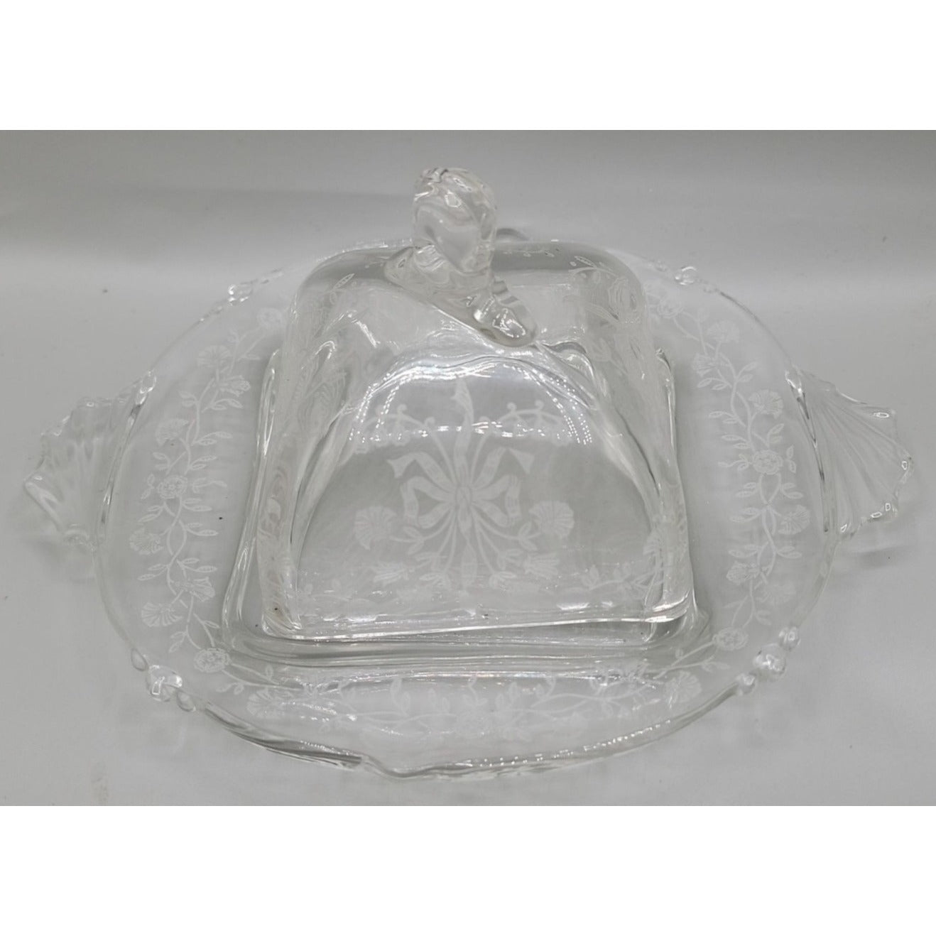 Heisey Orchid Square Covered Butter Dish Etch Patter 507 7.75"W 4"H 1940s Vtg