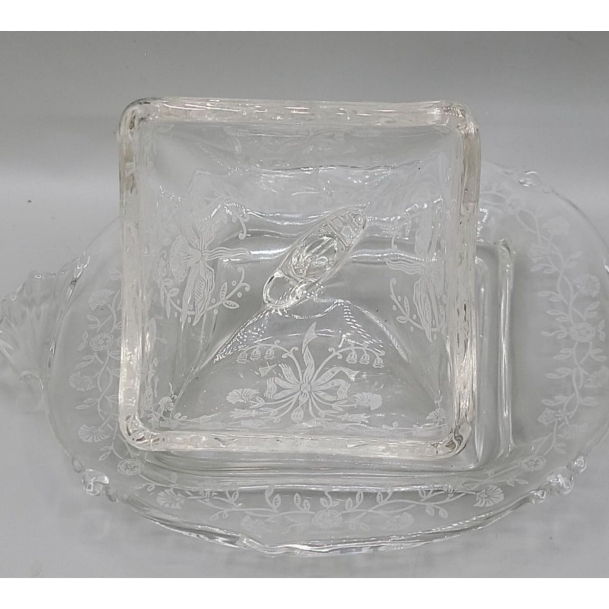 Heisey Orchid Square Covered Butter Dish Etch Patter 507 7.75"W 4"H 1940s Vtg