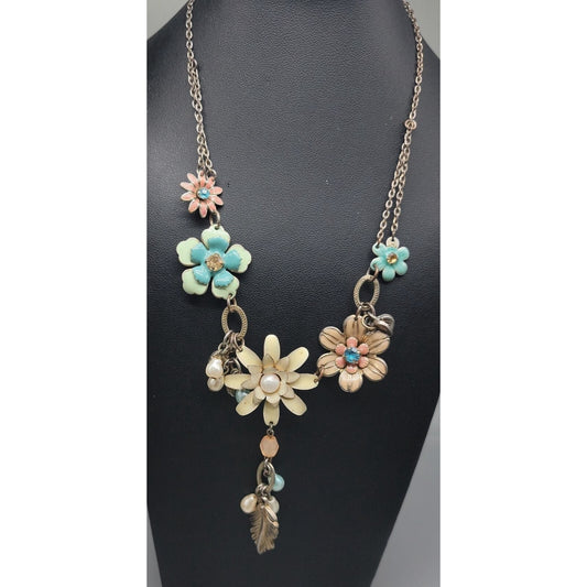 Vintage Plunder Dangling Flower Necklace Multicolor Rhinestones Silver Tone 20"