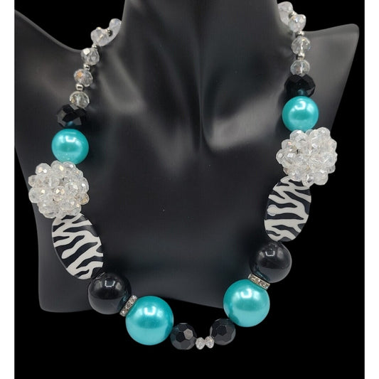 Chunky Zebra Statement Necklace Blue Black White Striped Beads w/Crystals 20"