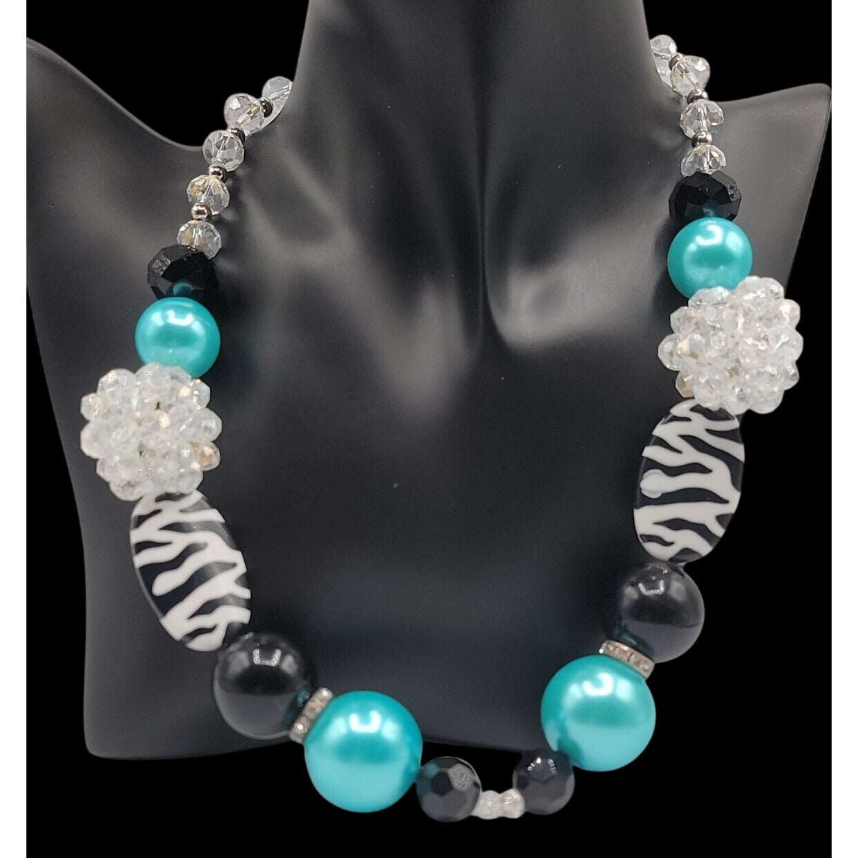 Chunky Zebra Statement Necklace Blue Black White Striped Beads w/Crystals 20"