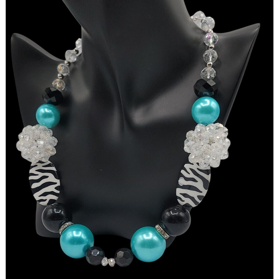 Chunky Zebra Statement Necklace Blue Black White Striped Beads w/Crystals 20"